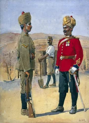 Soldados do 3º Sapadores e Mineiros Lance, Naik, Brahman of Oudh. Jemadah, Dekhani Mahratti, ilustração para &39;Exércitos da Índia&39; pelo Major GF MacMunn, publicado em 1911, 1908 99: masculino;